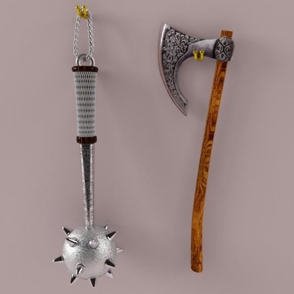 002-3d Models-Weaponry-Mace and Axe Wall Decor