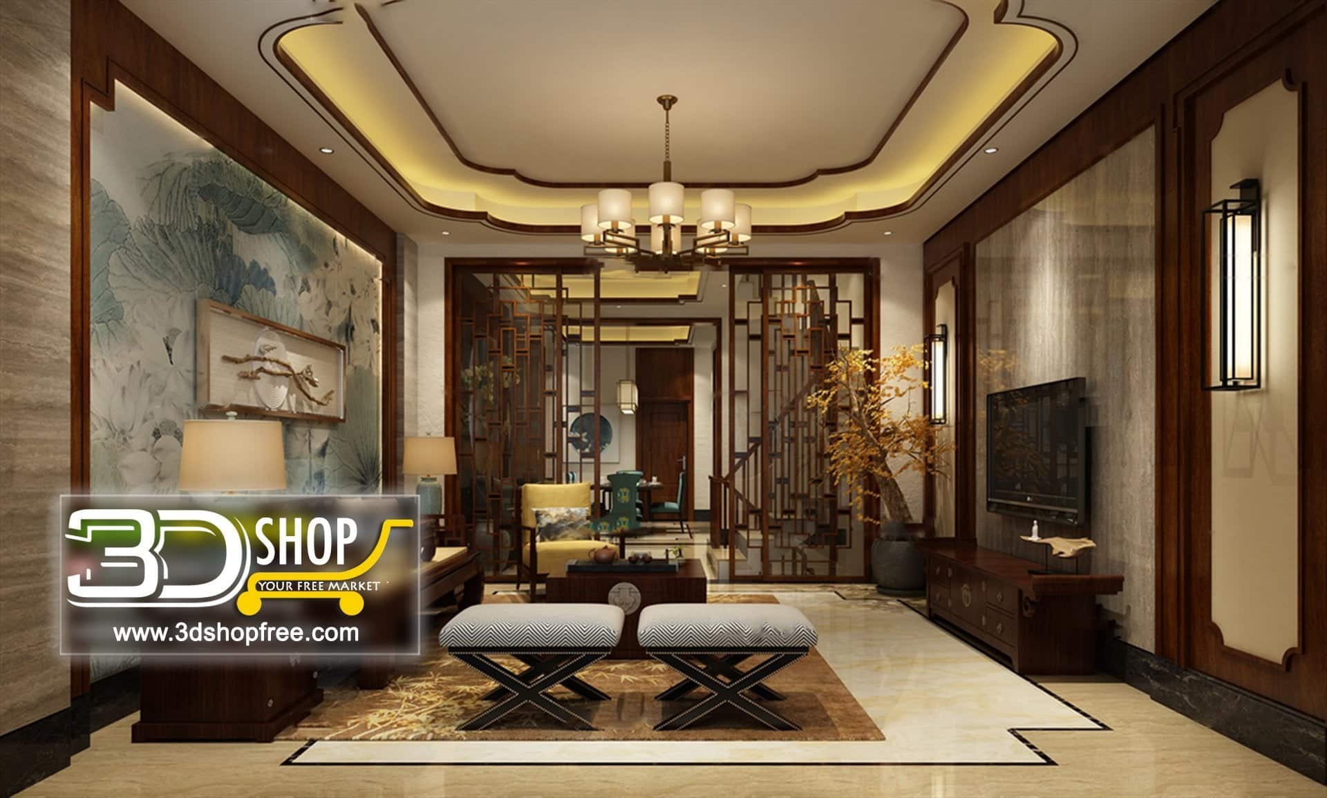 3d max, 3d model, 3dshop, Chinese style, Free download, Interior Design, Living, V-ray, Living Room