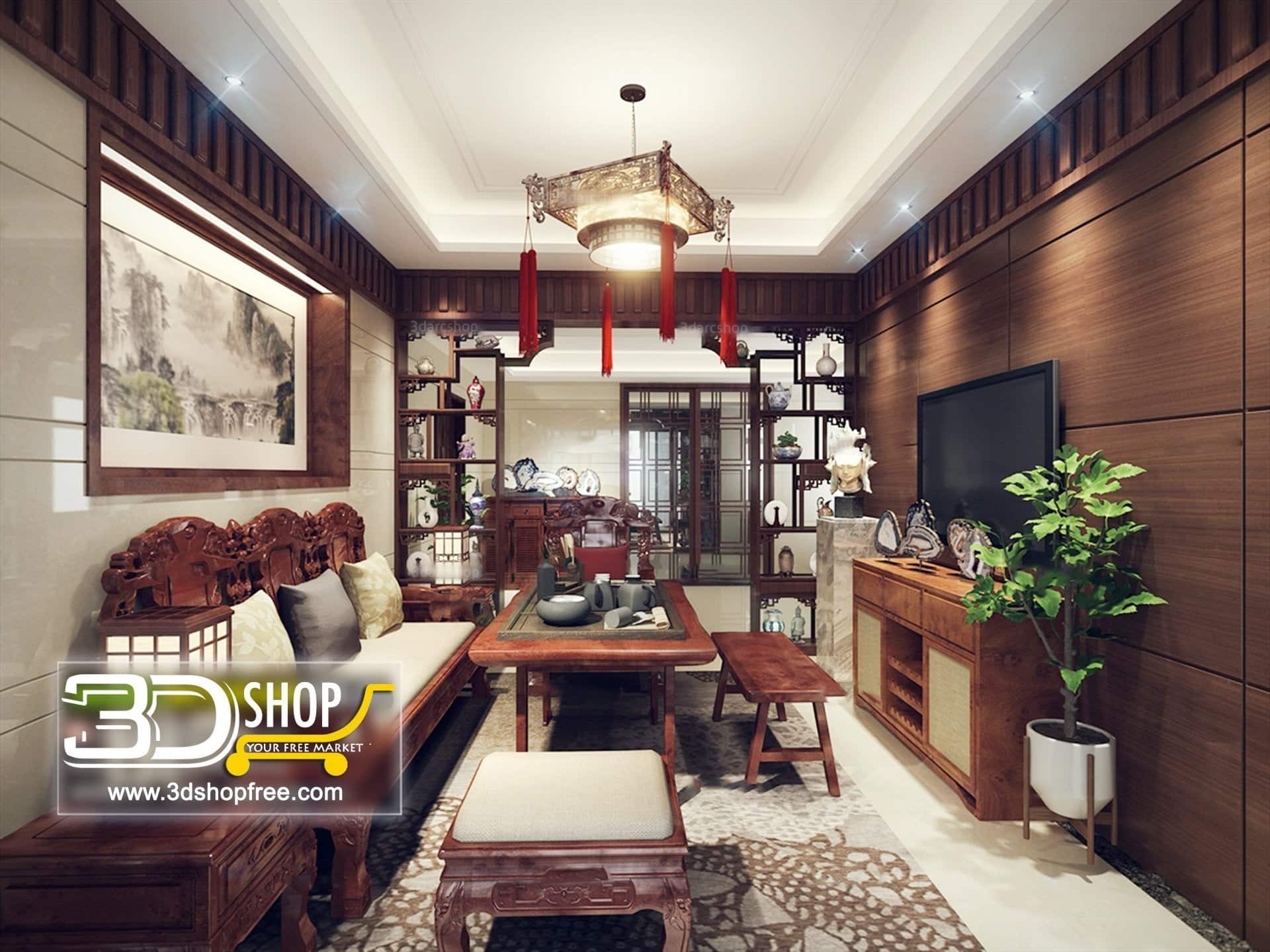 3d max, 3d model, 3dshop, Chinese style, Free download, Interior Design, Living, V-ray, Living Room