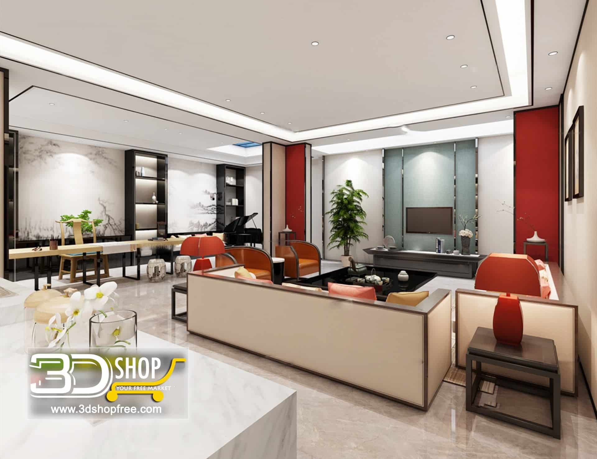 3d max, 3d model, 3dshop, Chinese style, Free download, Interior Design, Living, V-ray, Living Room