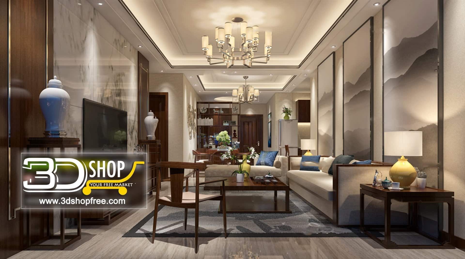 3d max, 3d model, 3dshop, Chinese style, Free download, Interior Design, Living, V-ray, Living Room