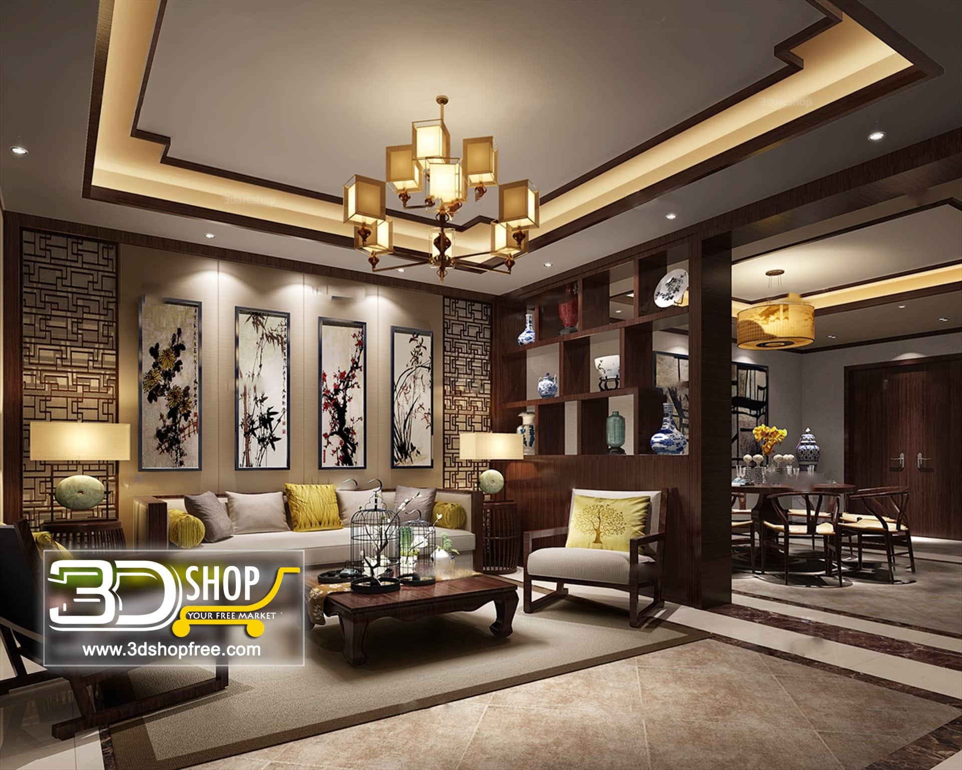 3d max, 3d model, 3dshop, Chinese style, Free download, Interior Design, Living, V-ray, Living Room