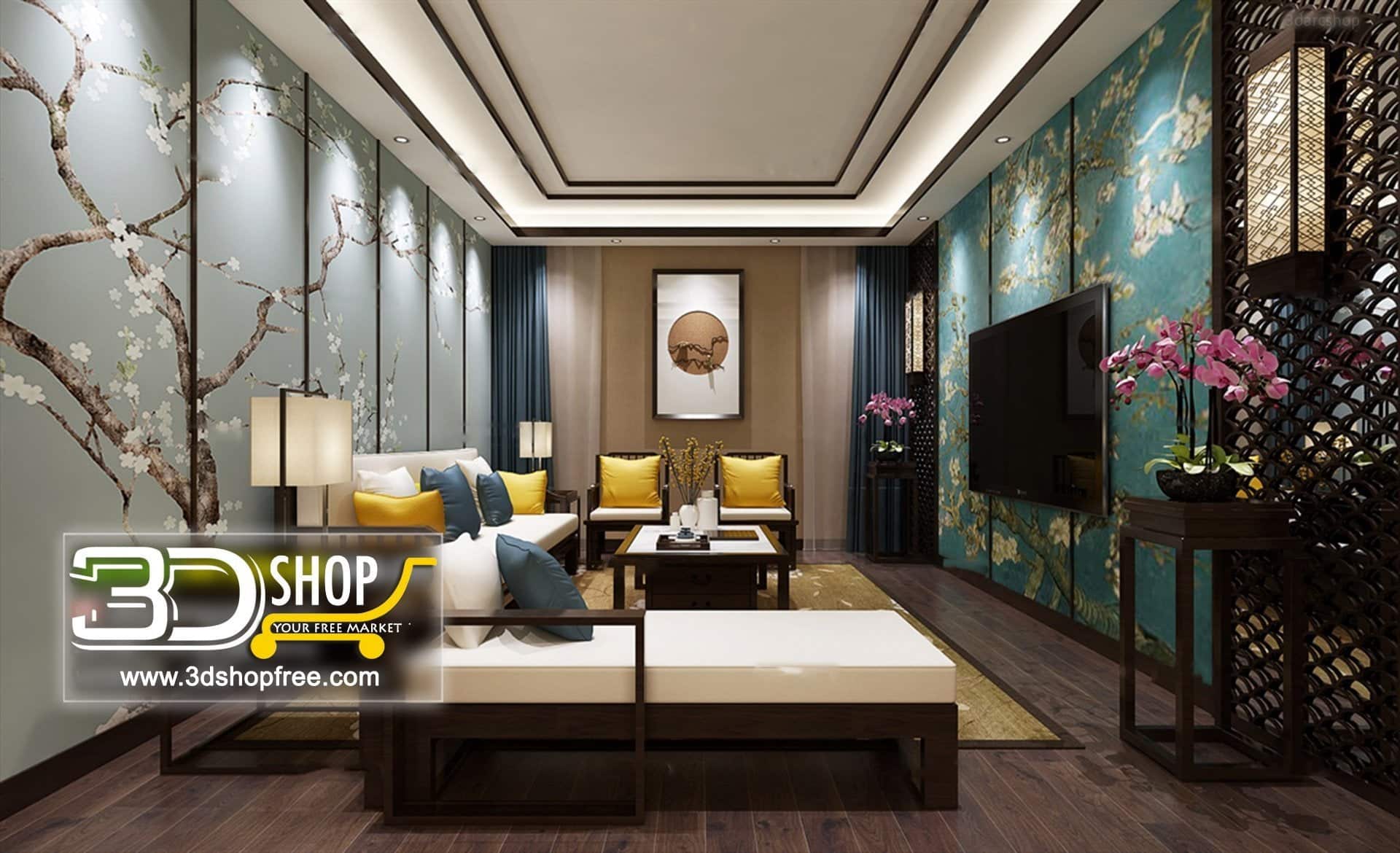 3dmax, 3dmodel, 3dshop, Free download, Interior Design, Living, V-ray, Chinese Style, Living Room, Interior Scenes