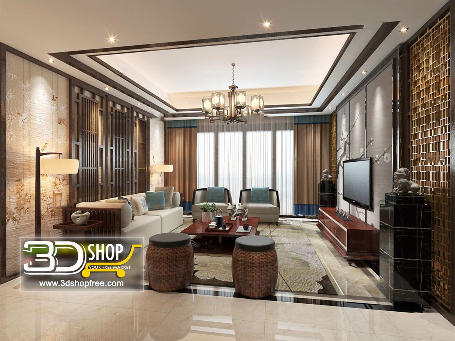 3dmax, 3dmodel, 3dshop, Free download, Interior Design, Living, V-ray, Chinese Style, Living Room, Interior Scenes, Home Decor