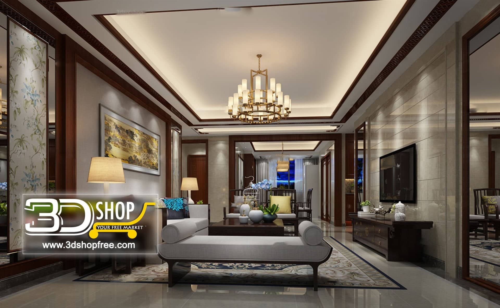 3d max, 3d model, 3dshop, Chinese style, Free download, Interior Design, Interior Scene Free Download, Interior Scenes, Living, Living Room, V-ray